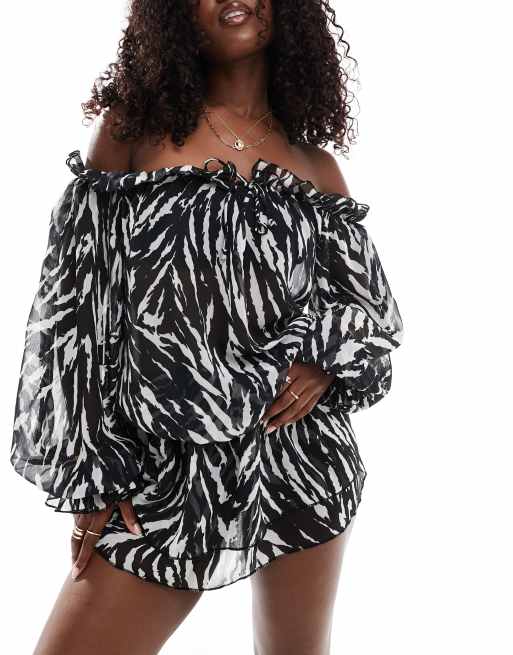 Aria Cove off shoulder ruffle beach dress in zebra