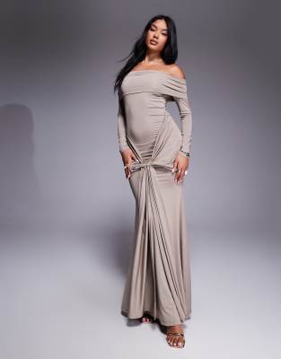 off the shoulder gold metal detail front drape detail maxi dress in soft brown-White