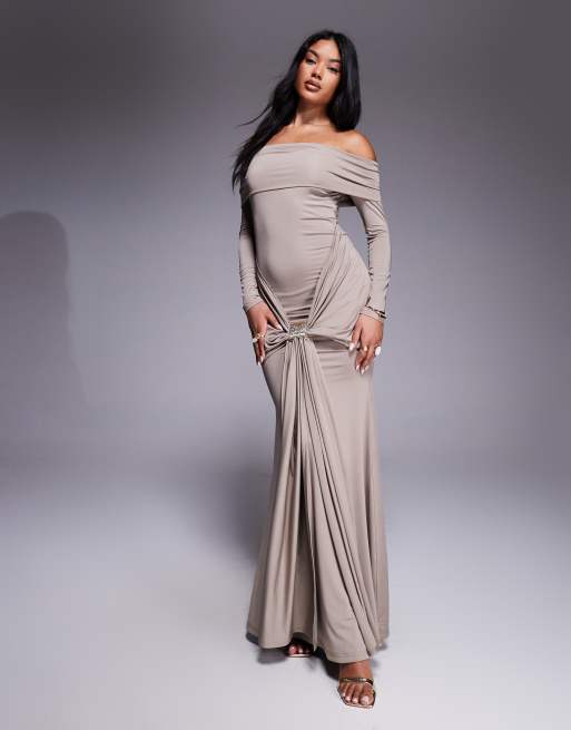 Aria Cove off the shoulder gold metal detail front drape detail maxi dress in soft brown