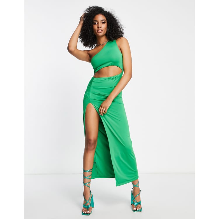 The Cutout Split Maxi Dress - Green Cut Out Short Sleeve Slit Maxi Dress -  Green- Dresses