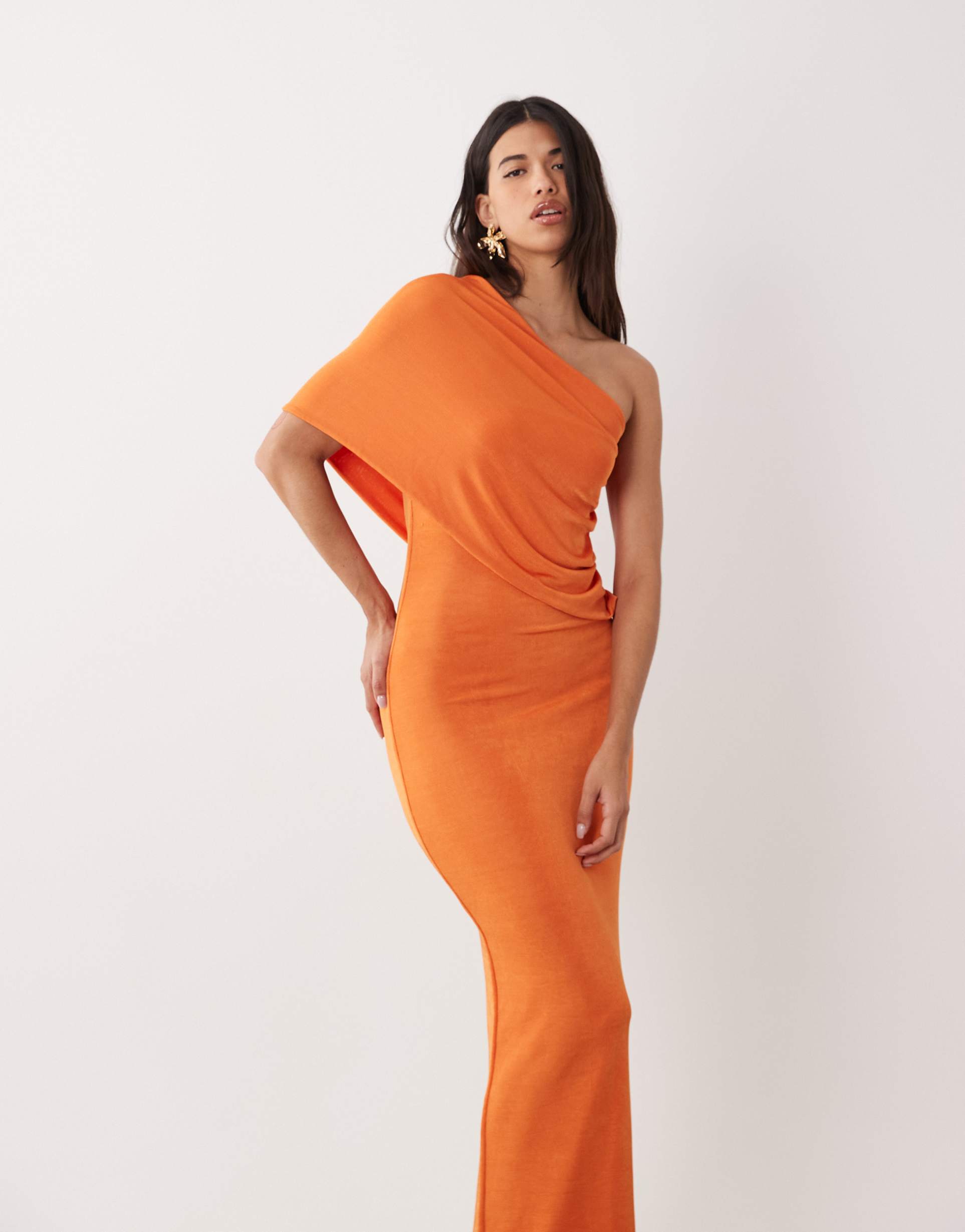 aria cove one shoulder drape detail maxi dress in orange