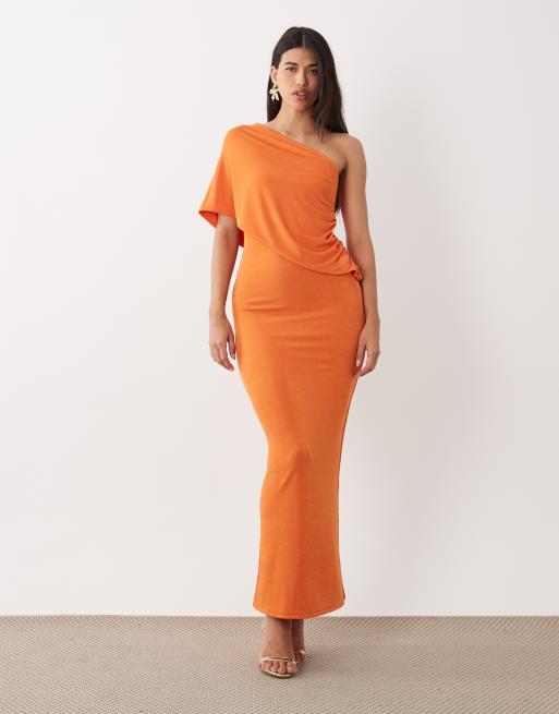 Aria Cove one shoulder drape detail maxi dress in orange, 3 of 4