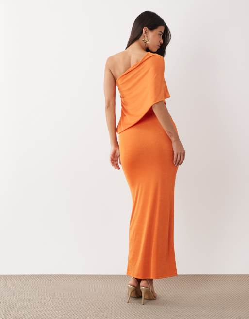 Aria Cove one shoulder drape detail maxi dress in orange, 4 of 4