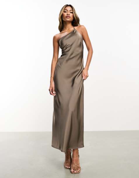 Aria Cove liquid satin halterneck thigh split maxi dress in silver