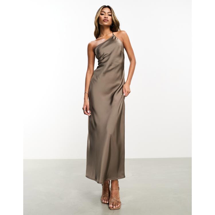 Aria Cove one shoulder low back satin maxi dress in mocha