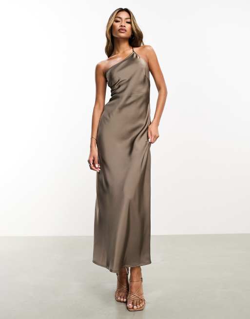 Aria Cove one shoulder low back satin maxi dress in mocha