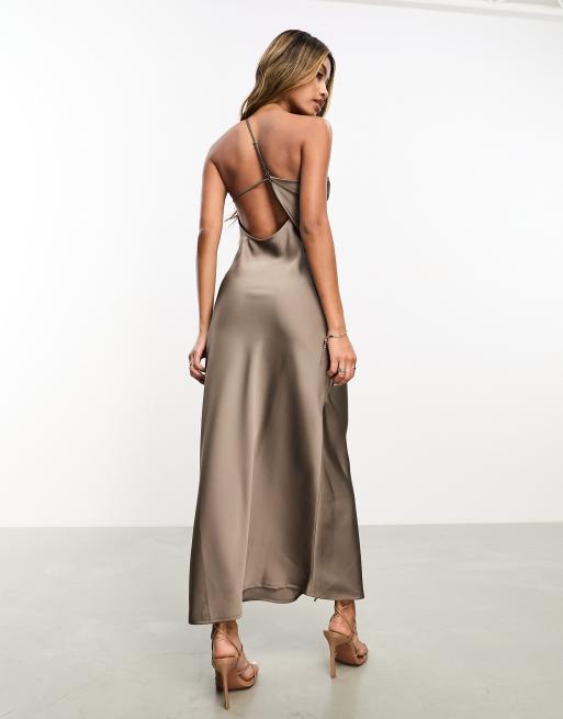 Aria Cove one shoulder low back satin maxi dress in mocha