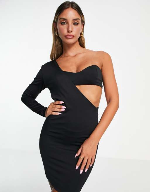 Aria Cove one shoulder mini dress with contrast bra detail in black - BLACK