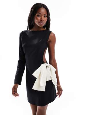 Aria Cove one sleeve contrast bow detail mini dress in black