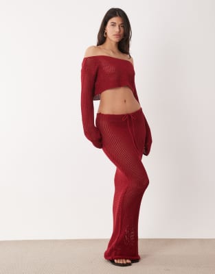 Aria Cove Open Crochet Off Shoulder Flare Sleeve Beach Crop Top In Red