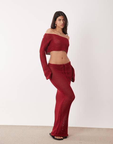 Aria Cove open crochet off-shoulder flared sleeve beach crop top and maxi beach skirt set in burgundy - view 1