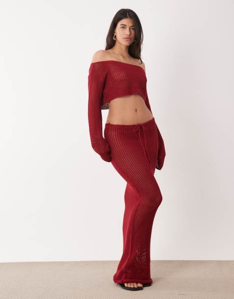 Aria Cove open crochet tie waist maxi beach skirt in burgundy (part of a set) - view 1