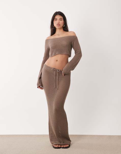 Aria Cove open crochet tie waist maxi beach skirt in soft brown - part of a set - view 1