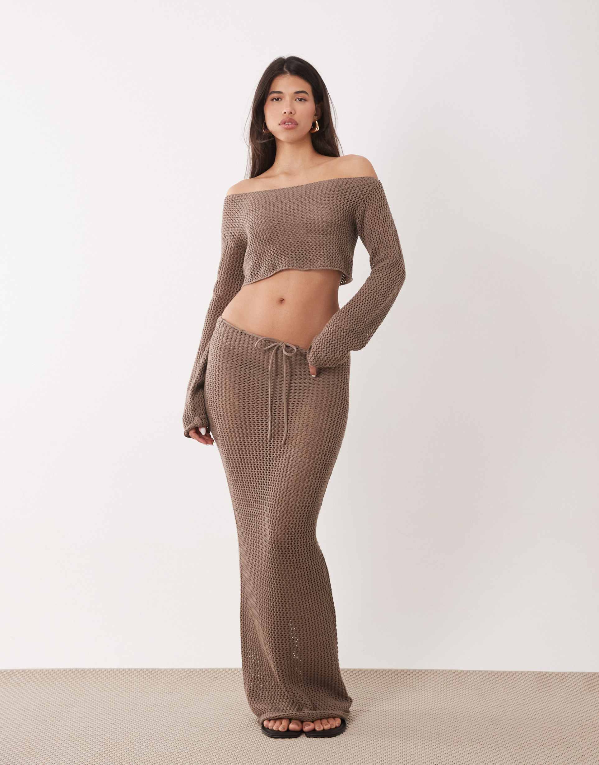 aria cove open crochet tie waist maxi beach skirt in soft brown - part of a set