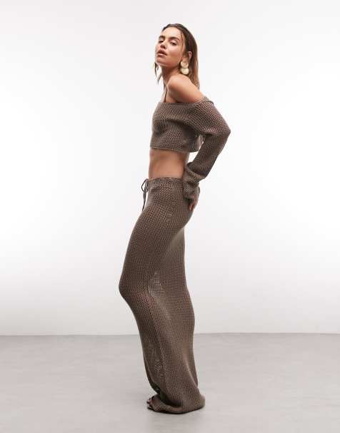 Aria Cove - Open gehaakte maxi strandrok met gestrikte taille in zacht bruin, deel van co-ord set - view 1