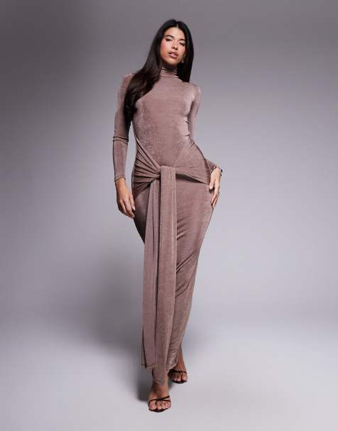 Aria Cove slinky high neck knot drape front maxi dress in mocha