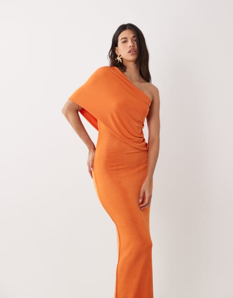 Aria Cove – Orange, enaxlad maxiklänning med drapering - view 1