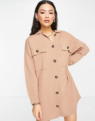 Aria Cove oversized button up jumper dress with collar detail in tan