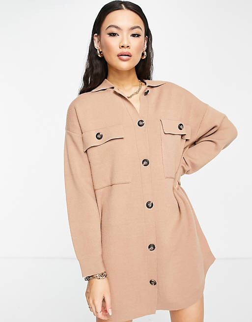Aria Cove oversized button up jumper dress with collar detail in tan | ASOS
