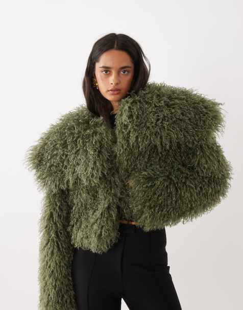 Aria Cove oversized collar faux Mongolian fur cropped jacket in green - view 1