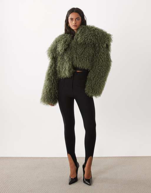 Aria Cove oversized collar faux Mongolian fur cropped jacket in green, 2 of 4