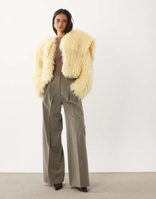 Aria Cove oversized collar faux mongolian fur cropped jacket in yellow, 2 of 4