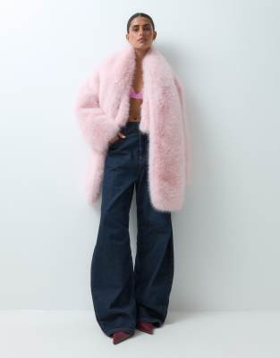 Aria Cove Oversized Cropped Faux Fur Jacket With Detachable Scarf In Pink