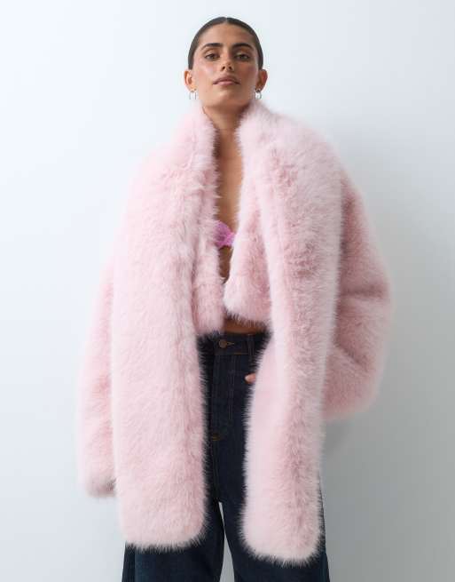 Aria Cove oversized cropped faux fur jacket with detachable scarf in pink, 3 of 5