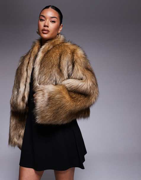 Aria Cove oversized cropped wide sleeve faux fur jacket in brown tipped fur - view 1