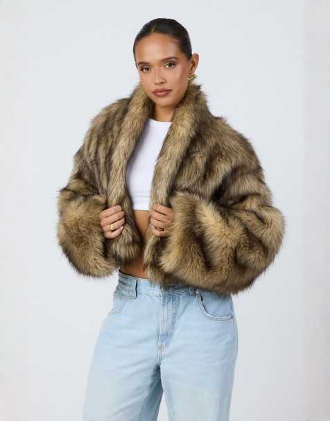 Aria Cove oversized cropped wide sleeve faux fur jacket in brown tipped fur