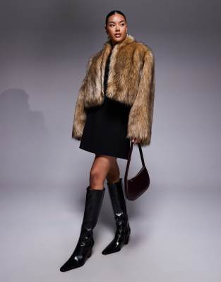 Aria Cove Oversized Cropped Wide Sleeve Faux Fur Jacket In Brown