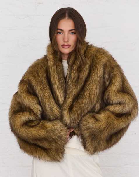 Aria Cove oversized cropped wide sleeve faux fur jacket in brown tipped fur - view 1