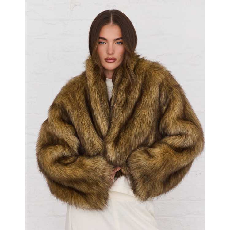 Aria Cove oversized cropped wide sleeve faux fur jacket in brown