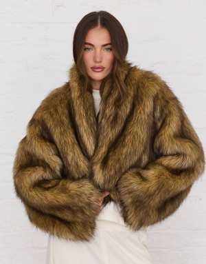 Aria Cove oversized cropped wide sleeve faux fur jacket in brown tipped fur