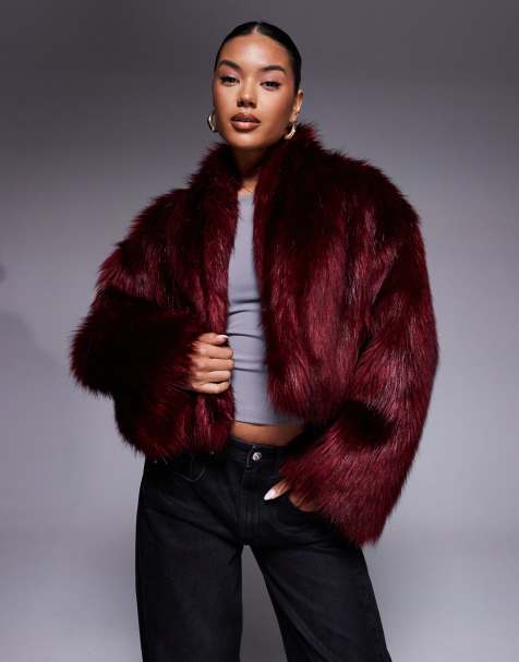 Aria Cove oversized cropped wide sleeve faux fur jacket in burgundy - view 1