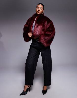 Aria Cove Oversized Cropped Wide Sleeve Faux Fur Jacket In Red
