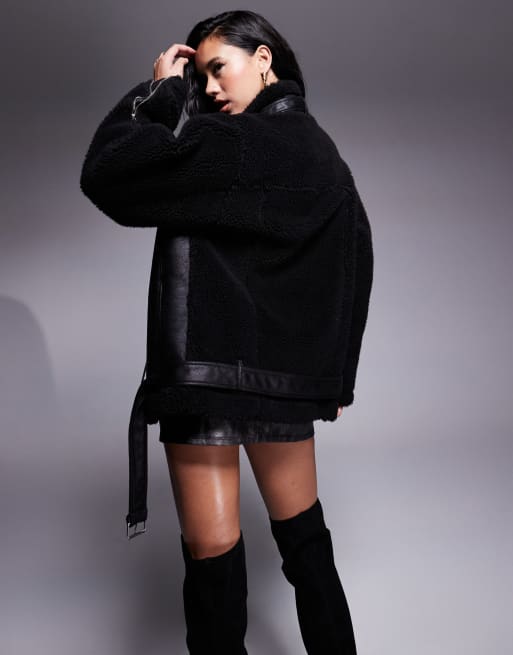 Aria Cove oversized faux shearling deep cuff jacket in black | ASOS