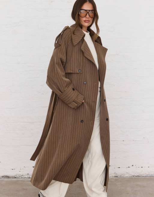 Aria Cove oversized lapel belt detail trench maxi coat in brown pinstripe, 2 of 4