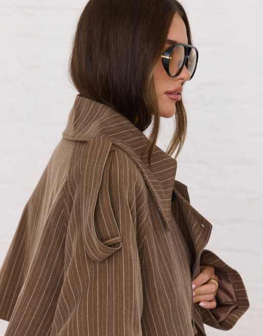 Aria Cove oversized lapel belt detail trench maxi coat in brown pinstripe, 3 of 4