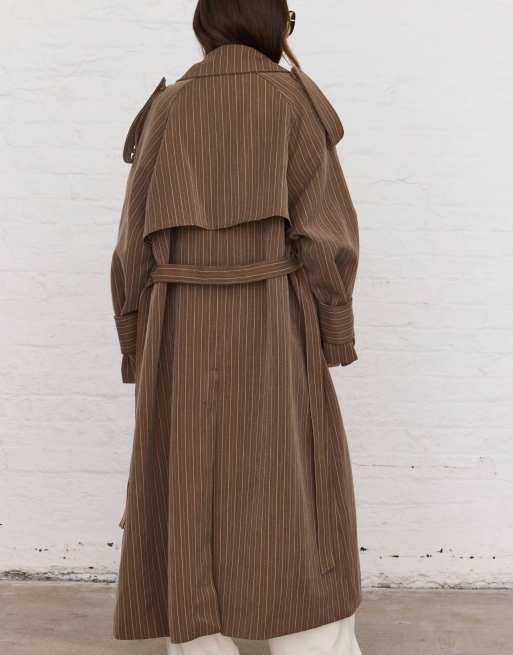 Aria Cove oversized lapel belt detail trench maxi coat in brown pinstripe, 4 of 4