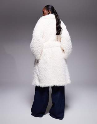 Aria Cove Oversized Plush Teddy Longline Belted Coat In White