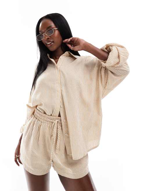 Aria Cove - Oversized strandoverhemd met strepen in beige, deel van co-ord set