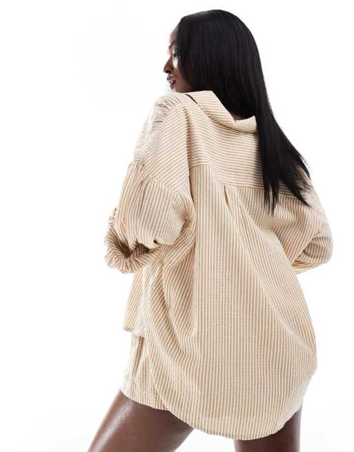 Aria Cove - Oversized strandoverhemd met strepen in beige, deel van co-ord set, 3 van 4