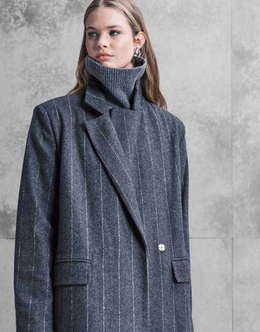 Aria Cove oversized tailored collar detail longline coat with wool in charcoal pinstripe, 2 of 4