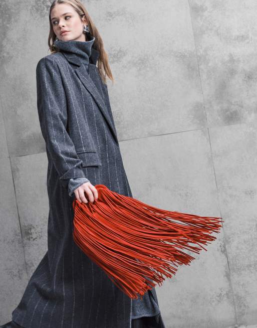 Aria Cove oversized tailored collar detail longline coat with wool in charcoal pinstripe, 3 of 4