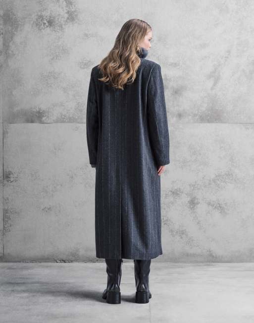 Aria Cove oversized tailored collar detail longline coat with wool in charcoal pinstripe, 4 of 4