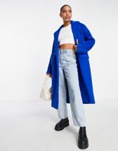 Pieces Alicia belted wool blend coat in blue | ASOS