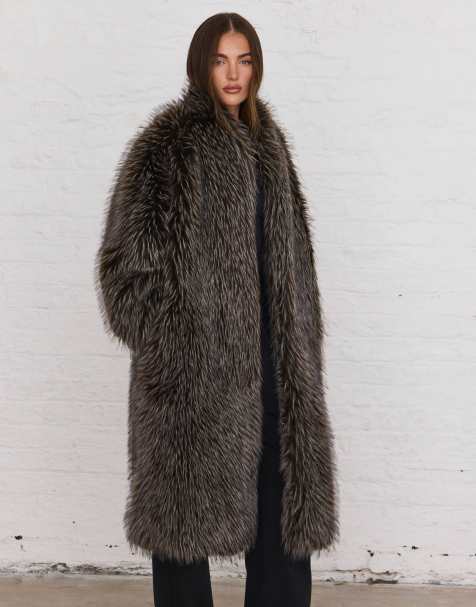 Aria Cove oversized tipped faux fur maxi coat in brown - view 1
