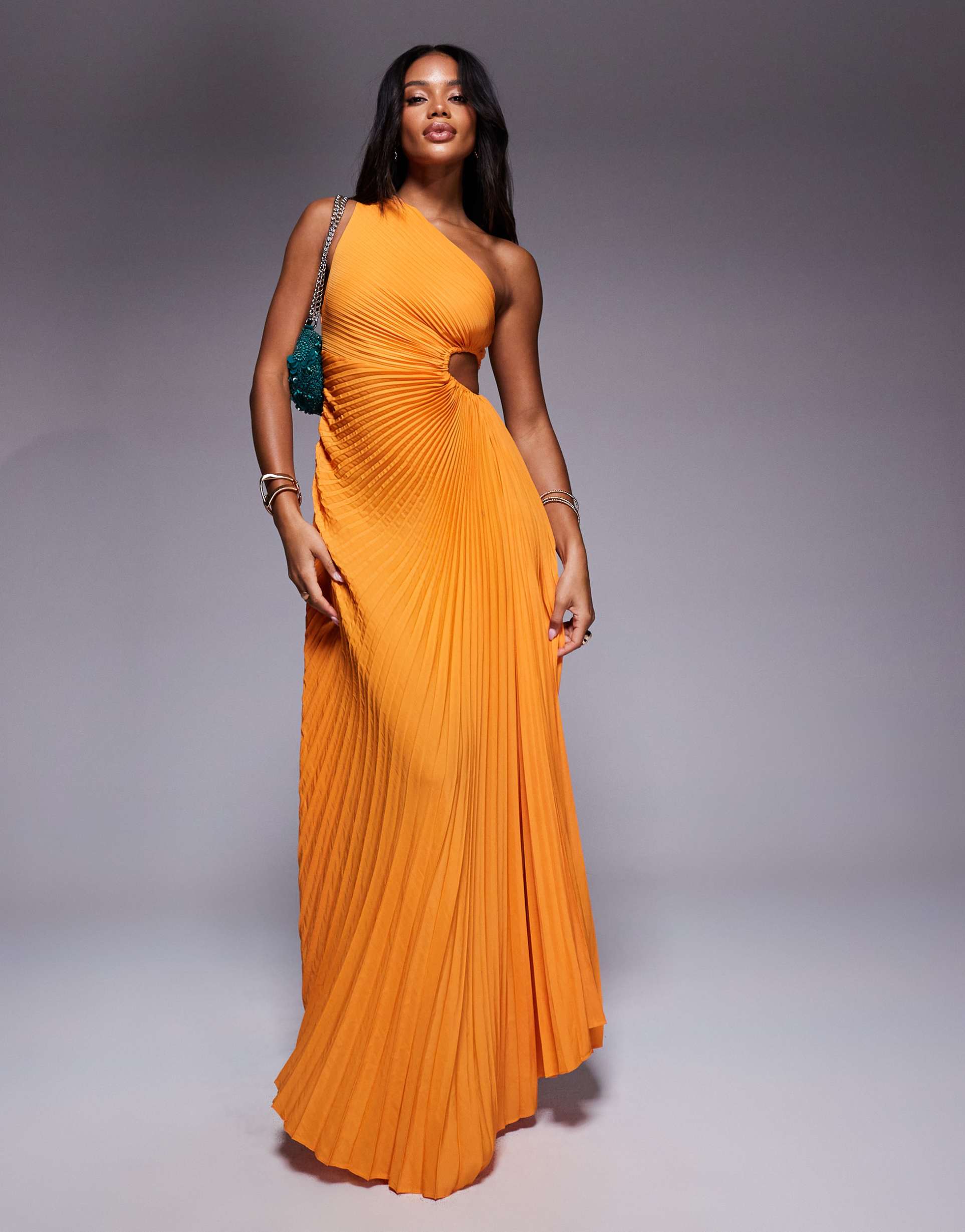 aria cove pleated one shoulder cut out maxi dress in orange