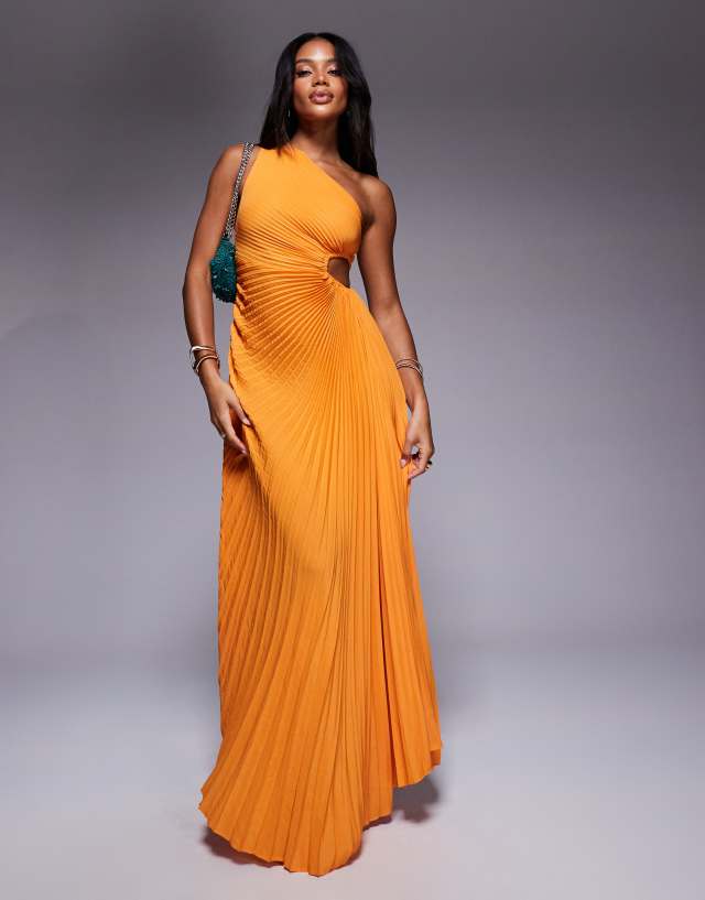 Aria Cove pleated one shoulder cut out maxi dress in orange